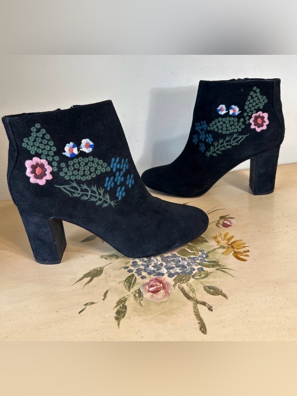 Nanette Lepore Beverly Black Suede Embroidered Floral Ankle Boots